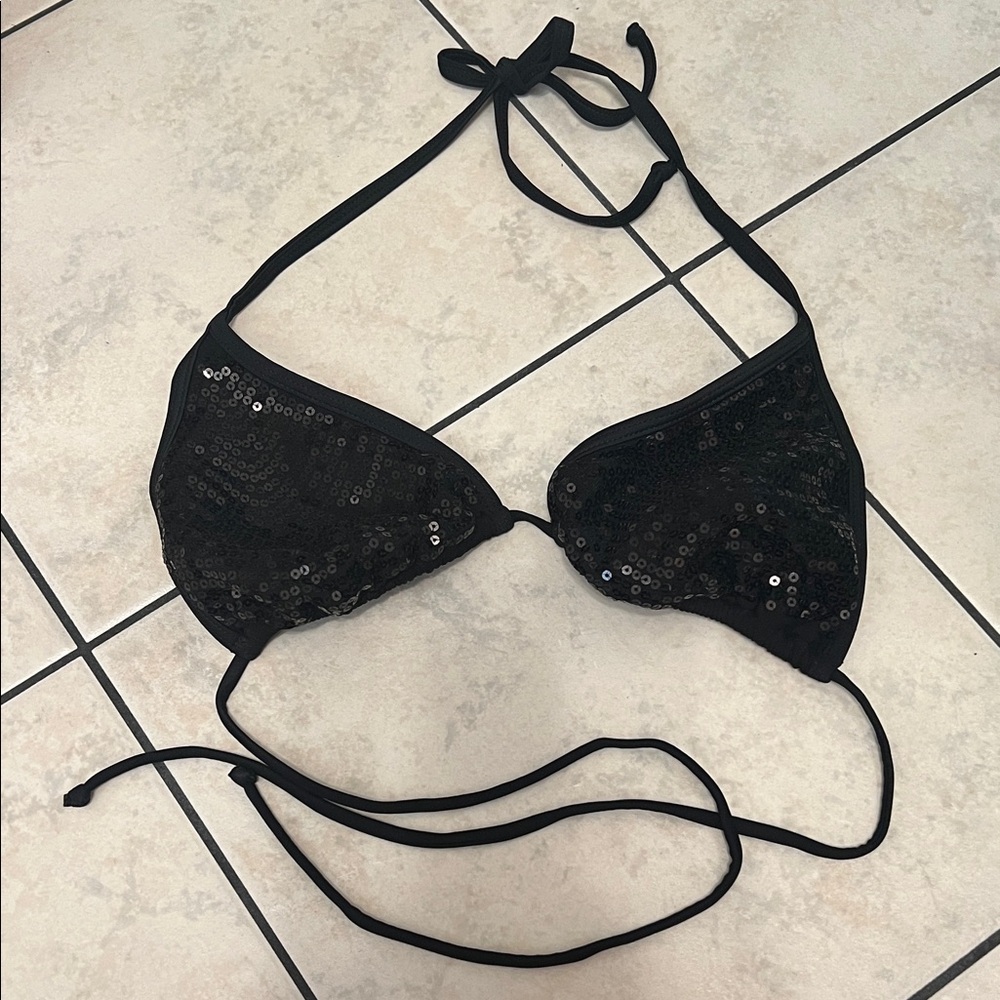 Black Sequin Halter Bikini Top